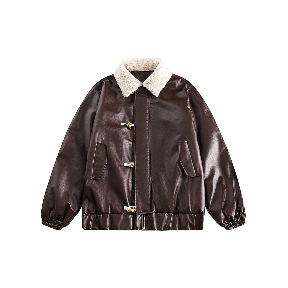 Unisex Coat Lamb Fur Lapel Winter PU Leather