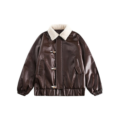 Unisex Coat Lamb Fur Lapel Winter PU Leather