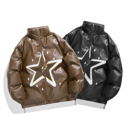 Unisex Coat Winter Thickened PU Leather Stand-up Collar Cotton-Padded Clothes