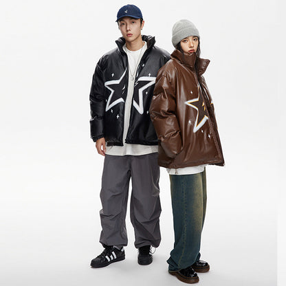 Unisex Coat Winter Thickened PU Leather Stand-up Collar Cotton-Padded Clothes