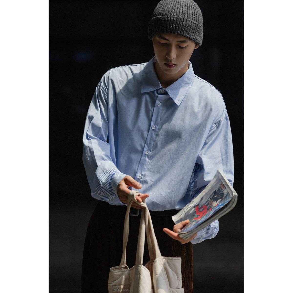 Unisex Shirt Patchwork Stripes Loose Cotton