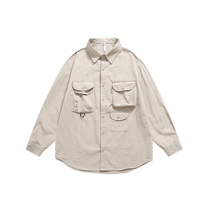 Unisex Shirt Retro Multi-Pocket Loose Casual