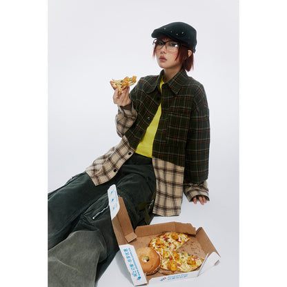 Unisex Shirt Irregular Stitching Loose Plaid
