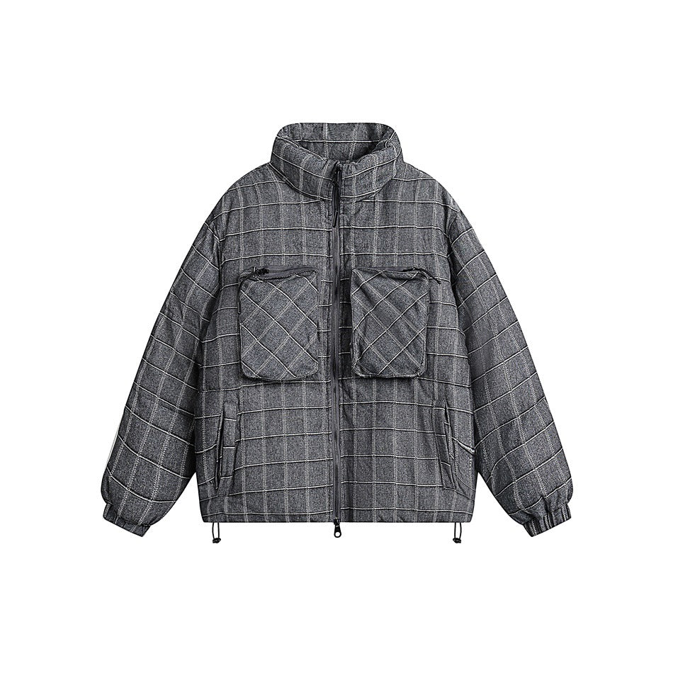 Unisex Coat Winter Stand Collar Plaid Coat Cotton Coat