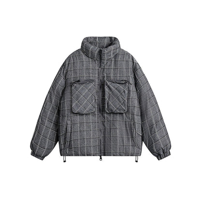 Unisex Coat Winter Stand Collar Plaid Coat Cotton Coat