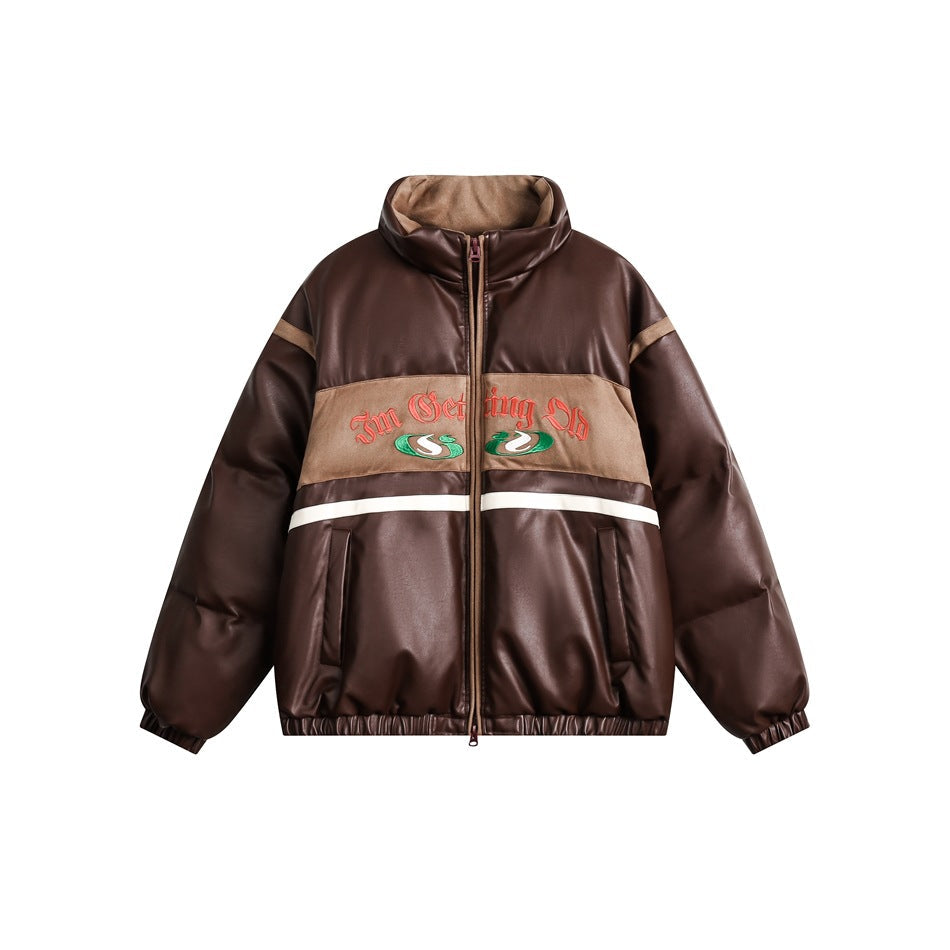 Unisex Coat PU Leather Jacket Winter Thickening Stand Collar