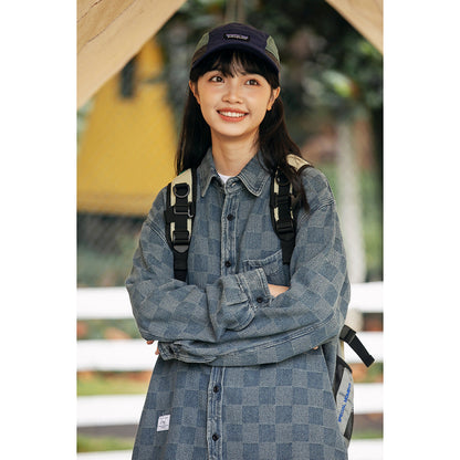 Unisex Shirt Retro Plaid Long Sleeve Denim Shirt