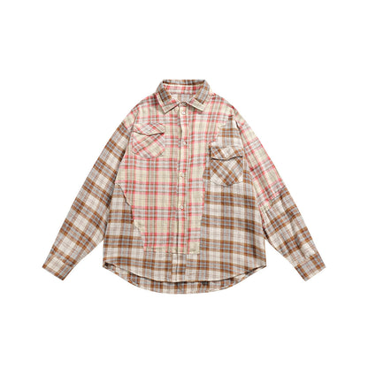 Unisex Shirt Vintage Spliced Plaid Blouse