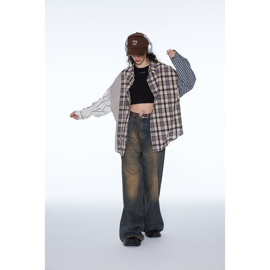 Unisex Shirt Stitching Loose Casual Plaid Stripes