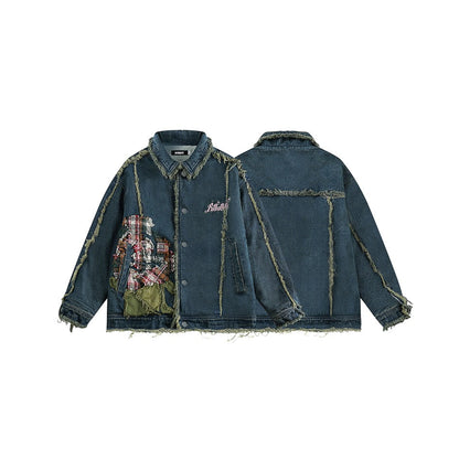 Unisex Coat Stitching Frayed Hem Denim Jacket