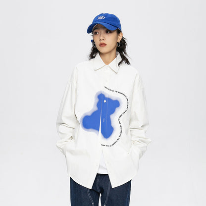 Unisex Shirt Bear Print Loose Casual Jacket
