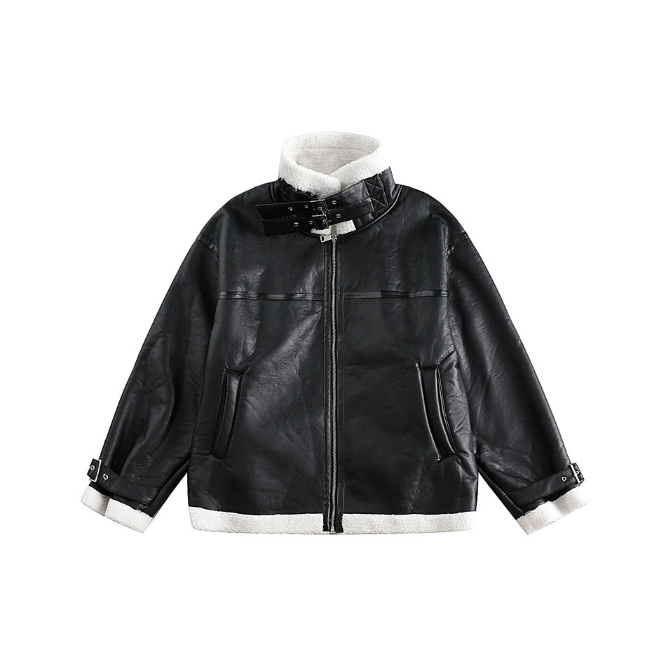 Unisex Coat Lamb Fur Lapel Winter PU Leather