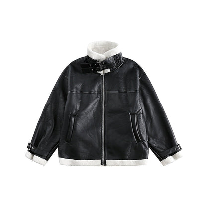 Unisex Coat Lamb Fur Lapel Winter PU Leather