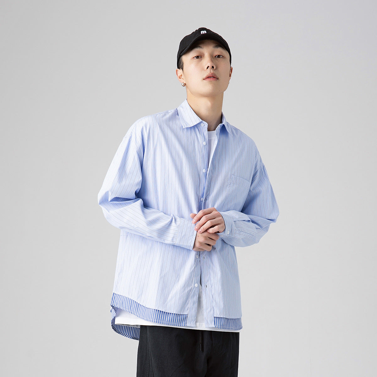 Unisex Shirt Patchwork Stripes Loose Casual