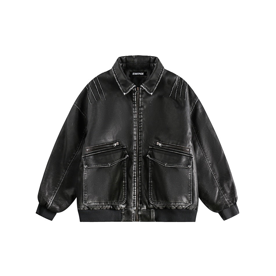 Unisex Coat PU Leather Winter Coat Distressed Warm