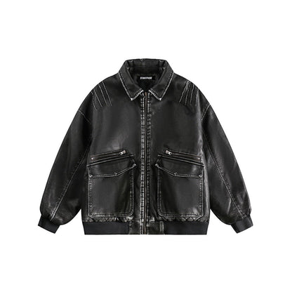 Unisex Coat PU Leather Winter Coat Distressed Warm