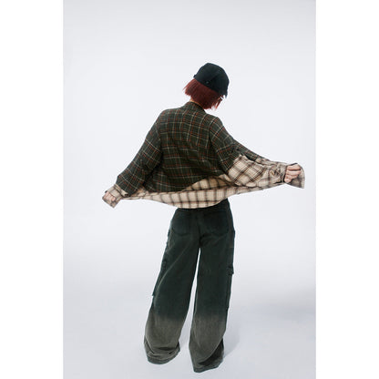 Unisex Shirt Irregular Stitching Loose Plaid