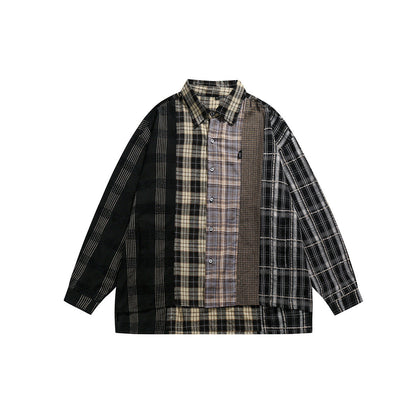 Unisex Shirt Spliced Plaid Blouse Casual Loose