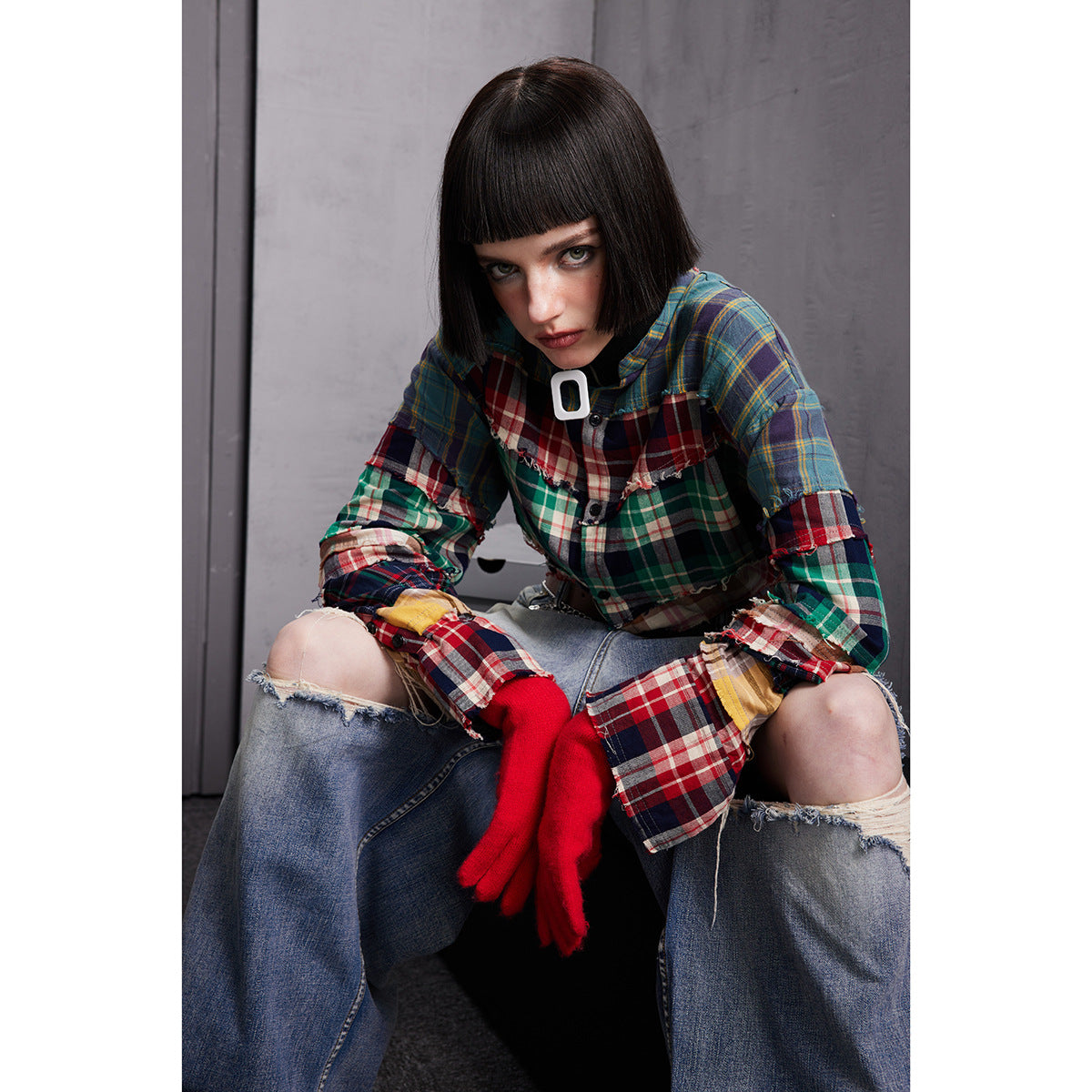Unisex Shirt Casual Distressed Stitching Plaid Long Sleeve