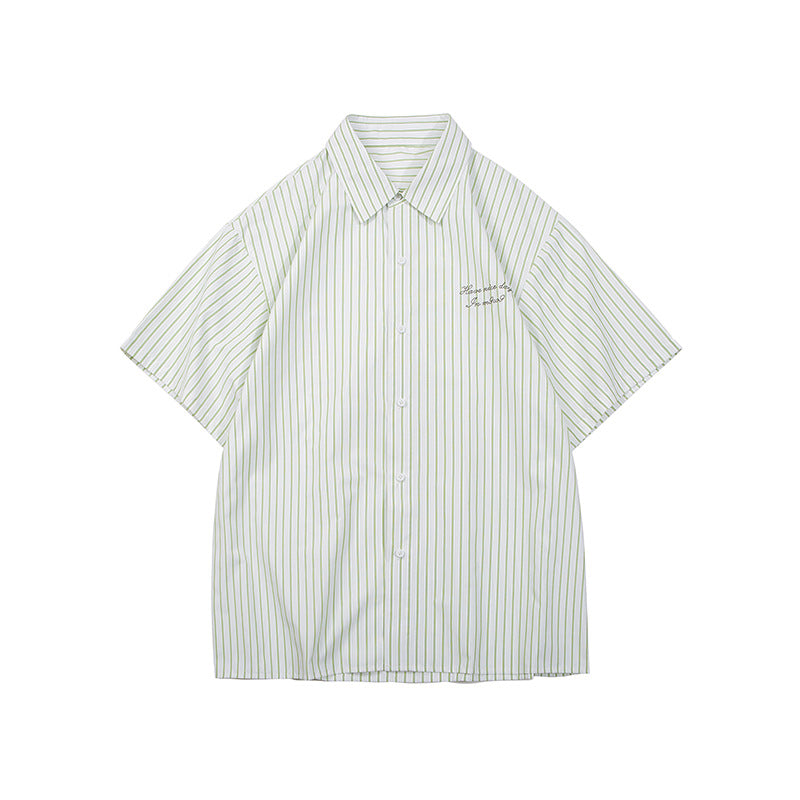 Unisex Shirt Embroidered Casual Loose Striped Cotton