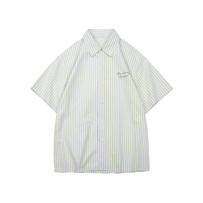 Unisex Shirt Embroidered Casual Loose Striped Cotton