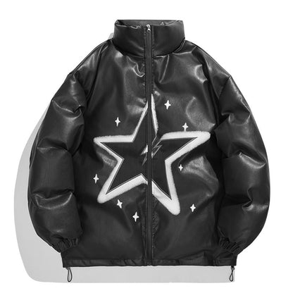 Unisex Coat Winter Thickened PU Leather Stand-up Collar Cotton-Padded Clothes