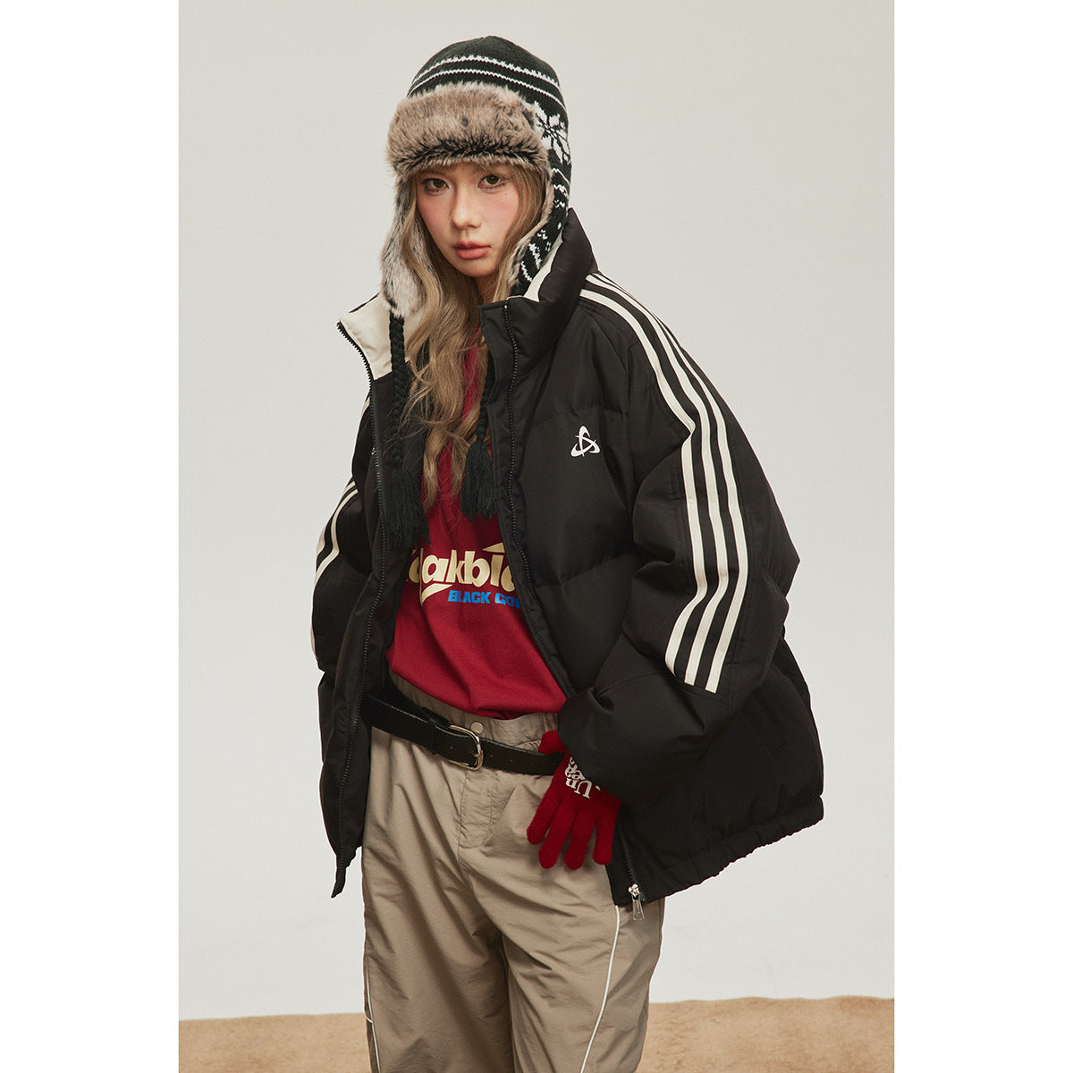Unisex Coat Retro Side Stripes Winter Stand-up Collar Cotton-Padded Coat
