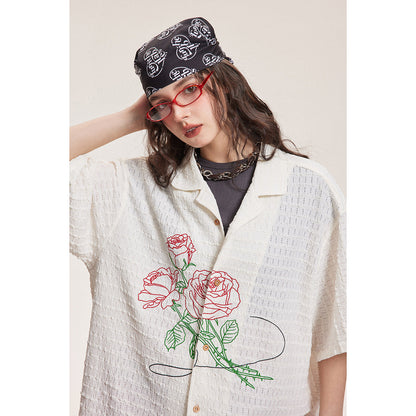 Unisex Shirt Loose Vacation Rose Embroidered Coat