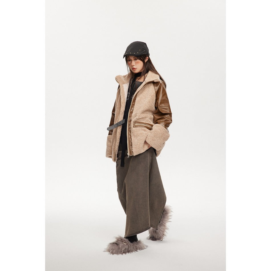 Unisex Coat Lamb Wool Stitching PU Leather Cotton-Padded Jacket