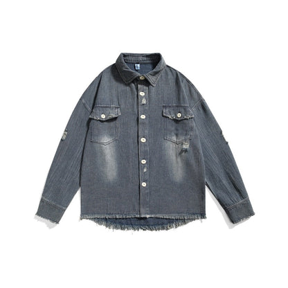Unisex Shirt Retro Tattered Jeans Raw Edge Coat Loose Denim