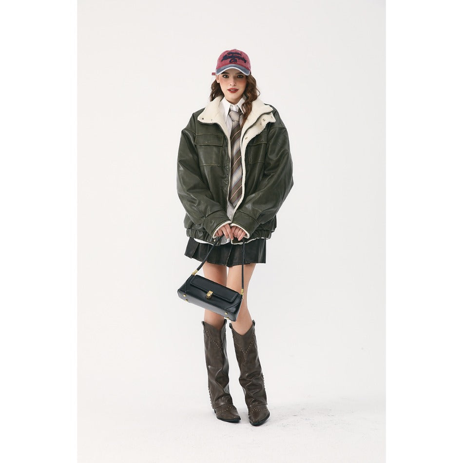 Unisex Coat PU Leather Coat Cotton-Padded Coat Stand Collar Lamb Wool