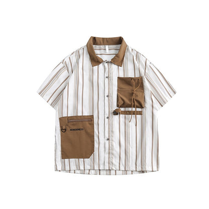 Unisex Shirt Retro Patchwork Three-Dimensional Pocket Loose Stripes