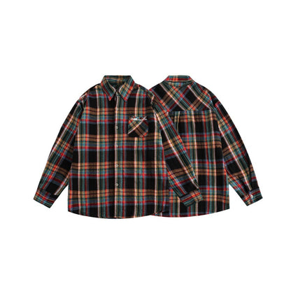 Unisex Shirt Vintage Cotton Long Sleeve Plaid Shirt