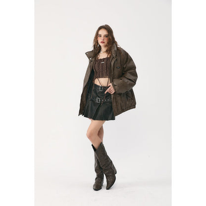 Unisex Coat Old Winter PU Leather Cotton-Padded Jacket