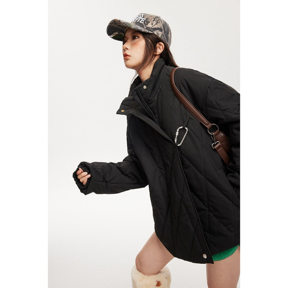 Unisex Coat Winter Cotton Dress Diamond Lattice Stand Collar Coat