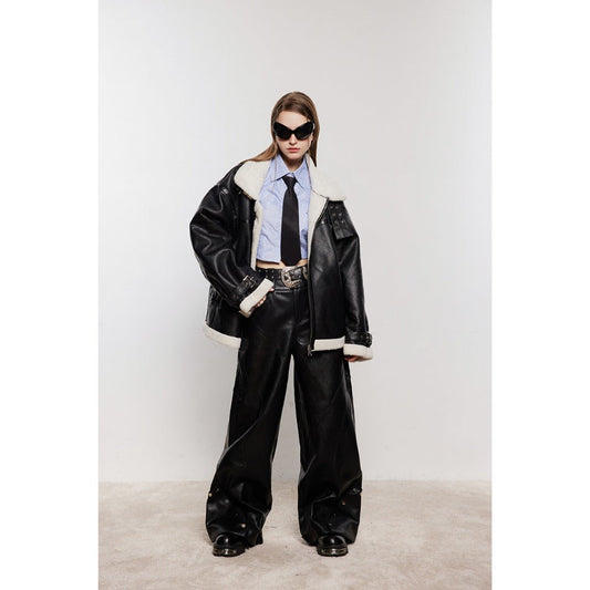 Unisex Coat Lamb Fur Lapel Winter PU Leather