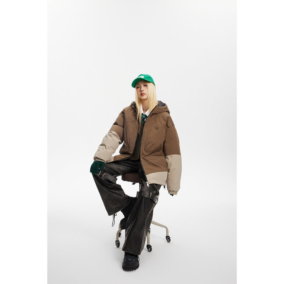 Unisex Coat Colorblock Hood All-Match Loose Couple Coat