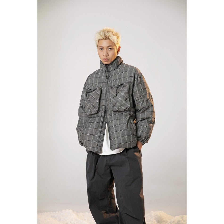 Unisex Coat Winter Stand Collar Plaid Coat Cotton Coat