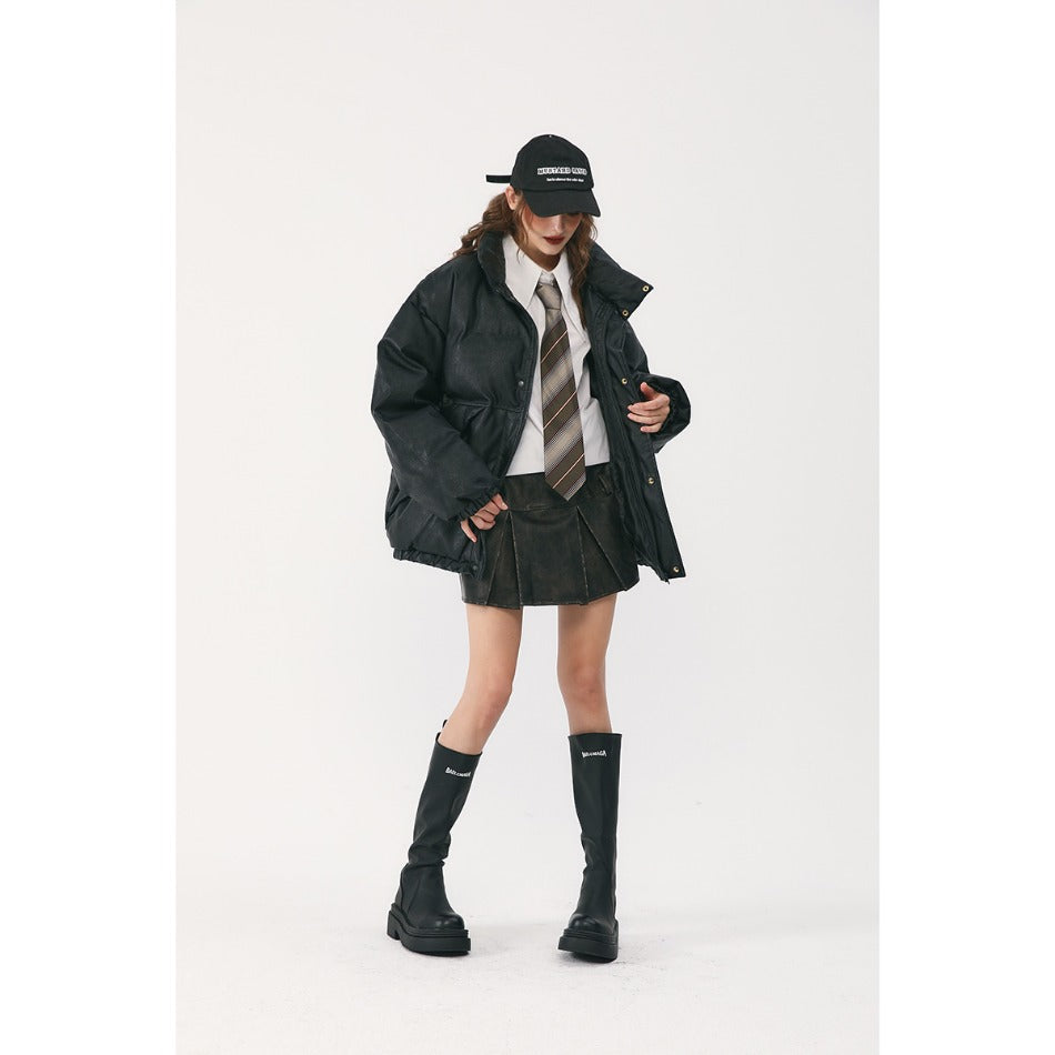 Unisex Coat Old Winter PU Leather Cotton-Padded Jacket