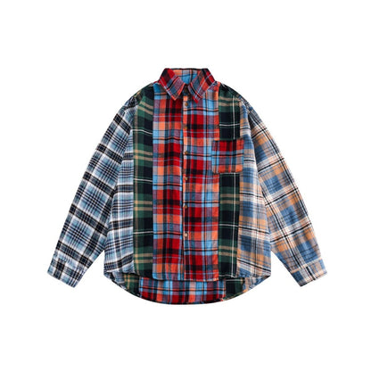 Unisex Shirt Handsome Spliced Plaid Blouse