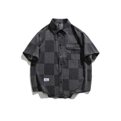 Unisex Shirt Vintage Plaid Denim Shirt Loose Casual